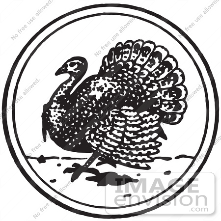 #61369 Retro Clipart Of A Vintage Thanksgiving Turkey Bird Circle In Black And White - Royalty Free Vector Illustration  by JVPD