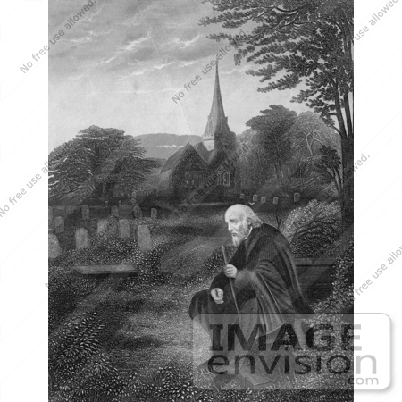 #61437 Retro Clipart Of A Lone Elderly Man In A Cemetery Near A Church, In Black And White - Royalty Free Illustration by JVPD