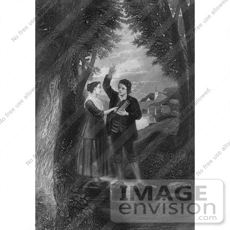 #61440 Retro Clipart Of A Couple Taking A Vow On River Stepping Stones, In Black And White - Royalty Free Illustration by JVPD