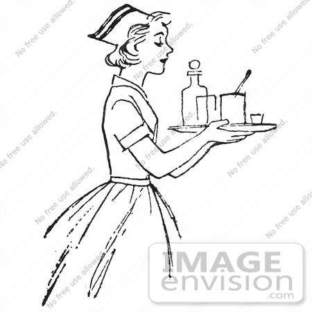 #61481 Retro Clipart Of A Vintage Nurse Carrying A Tray With Medicine In Black And White - Royalty Free Vector Illustration by JVPD