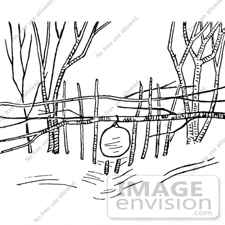 Clipart Of A Snowshoe Rabbit Snare Trap In Black And White