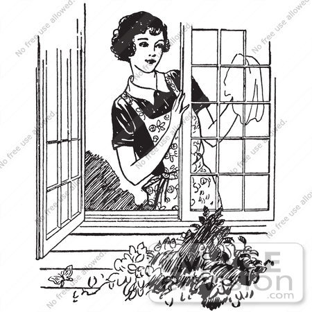 #61602 Clipart Of A Retro Woman Washing Windows In Black And White - Royalty Free Vector Illustration by JVPD