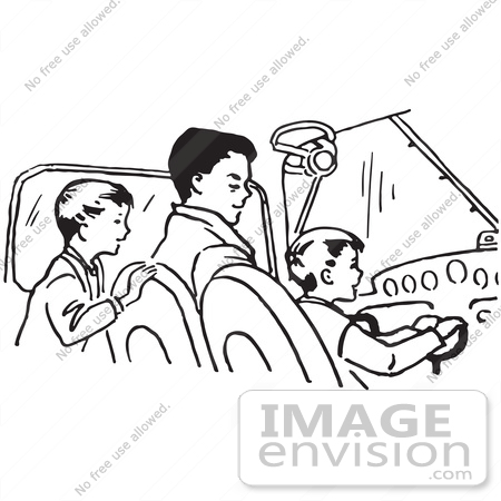 #61607 Clipart Of A Retro Father Pilot And Sons In Black And White - Royalty Free Vector Illustration by JVPD