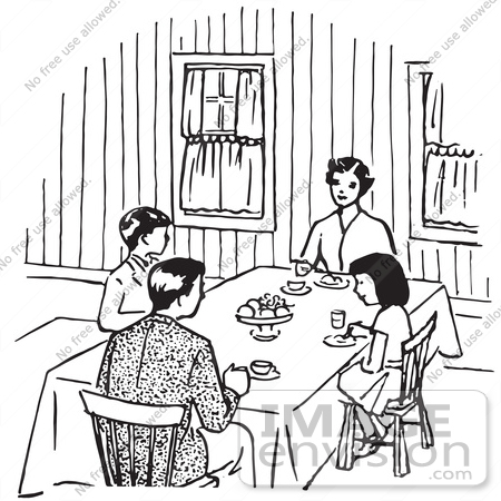 #61608 Clipart Of A Happy Retro Family Eating In Black And White - Royalty Free Vector Illustration by JVPD