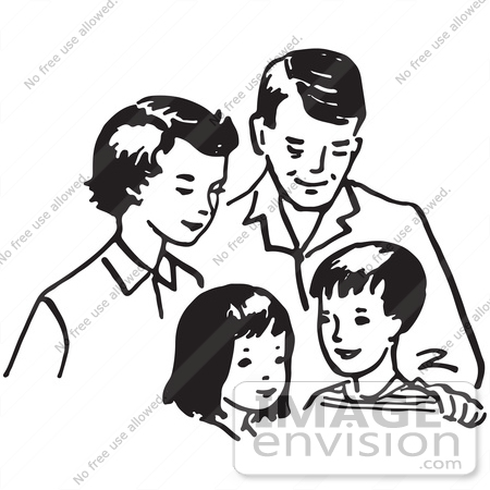 #61609 Clipart Of A Happy Retro Family In Black And White - Royalty Free Vector Illustration by JVPD