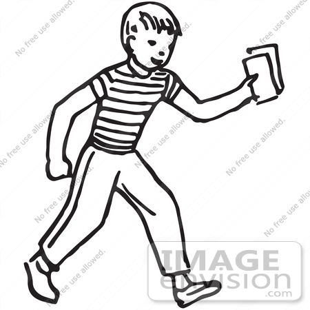 #61669 Clipart Of A Boy Holding Out Money Or Tickets In Black And White - Royalty Free Vector Illustration by JVPD