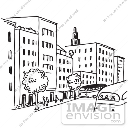 #61676 Clipart Of A City Street In Black And White - Royalty Free Vector Illustration by JVPD