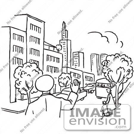 #61677 Clipart Of A Police Man Waving In A City In Black And White - Royalty Free Vector Illustration by JVPD