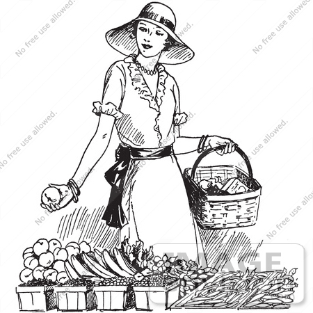 #61691 Clipart Of A Retro Woman Shopping For Produce In Black And White - Royalty Free Vector Illustration by JVPD