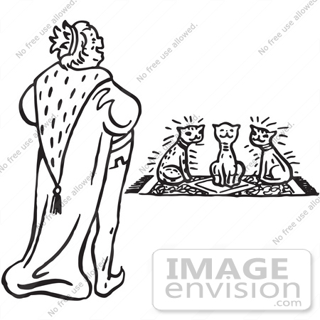 #61707 Clipart Of A King And Cats In Black And White - Royalty Free Vector Illustration by JVPD