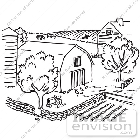 #61726 Clipart Of A Farm In Black And White - Royalty Free Vector Illustration by JVPD