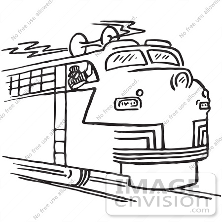 #61786 Clipart Of A Train Engineer Blowing The Horn In Black And White - Royalty Free Vector Illustration by JVPD
