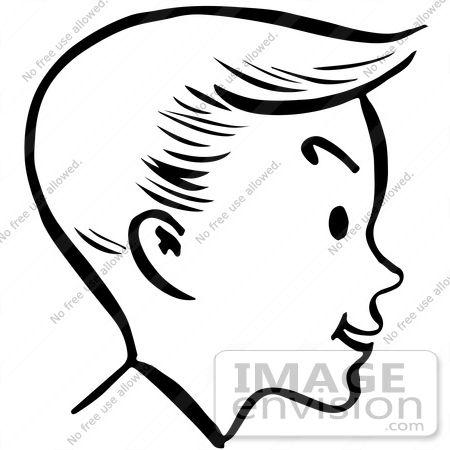 #61797 Clipart Of A Happy Retro Boy Face In Profile, In Black And White - Royalty Free Vector Illustration by JVPD