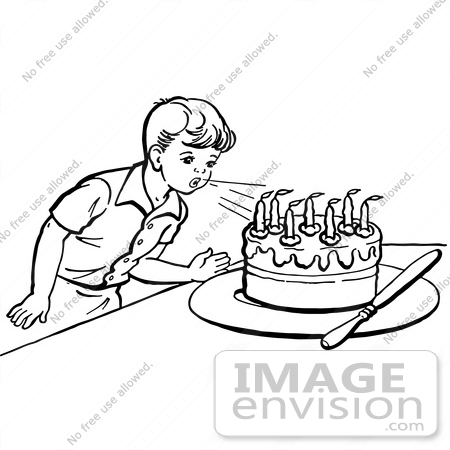 #61798 Clipart Of A Retro Boy Blowing Out Birthday Cake Candles In Black And White - Royalty Free Vector Illustration by JVPD