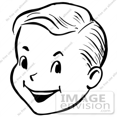 #61804 Clipart Of A Happy Retro Boy Face In Black And White - Royalty Free Vector Illustration by JVPD