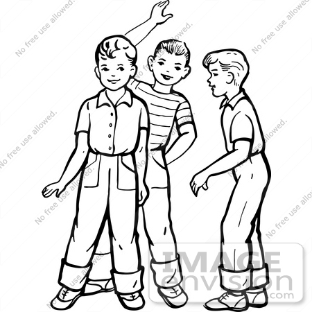 #61809 Clipart Of Retro Boys Talking And Waving In Black And White - Royalty Free Vector Illustration by JVPD