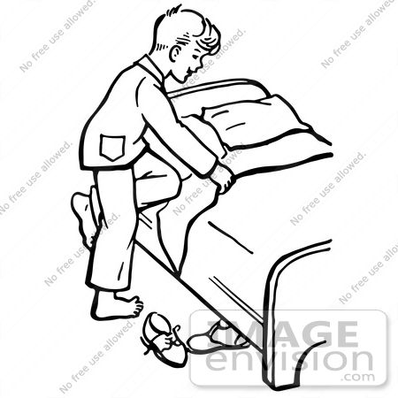 #61825 Clipart Of A Retro Boy Climbing Into Bed In Black And White - Royalty Free Vector Illustration by JVPD