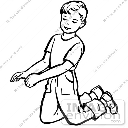 #61827 Clipart Of A Retro Boy Kneeling In Black And White - Royalty Free Vector Illustration by JVPD