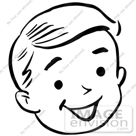 #61829 Clipart Of A Happy Retro Boy Face In Black And White - Royalty Free Vector Illustration by JVPD