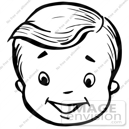 #61830 Clipart Of A Happy Retro Boy Face In Black And White - Royalty Free Vector Illustration by JVPD