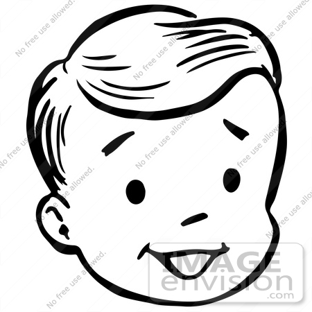 #61833 Clipart Of A Happy Retro Boy Face In Black And White - Royalty Free Vector Illustration by JVPD