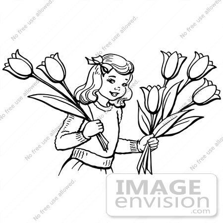 #61850 Clipart Of A Retro Girl Holding Tulip Flowers In Black And White - Royalty Free Vector Illustration by JVPD