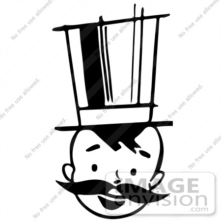 #61880 Clipart Of A Happy Retro Boy With A Mustache And Top Hat, In Black And White - Royalty Free Vector Illustration by JVPD