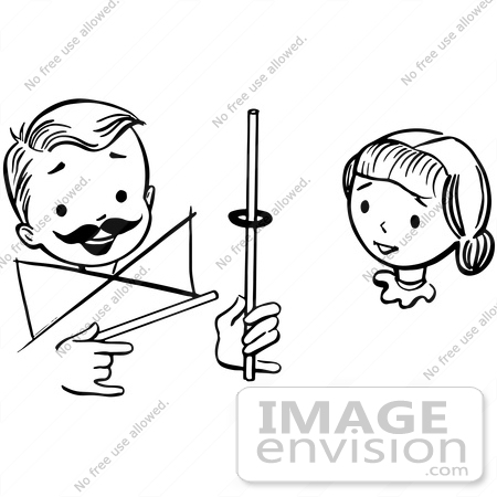 #61883 Clipart Of A Girl Watching A Boy Perform A Rising Ring Magic Trick, In Black And White - Royalty Free Vector Illustration by JVPD