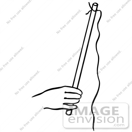 #61890 Clipart Of A Hand Holding A Stick With A String For A Rising Ring Magic Trick, In Black And White - Royalty Free Vector Illustration by JVPD