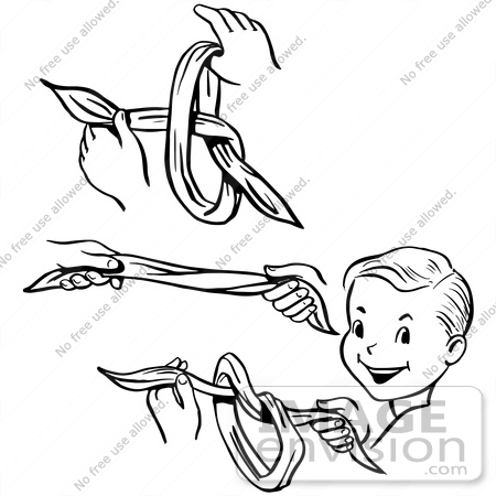 #61893 Clipart Of Steps Of A Retro Boy Performing A Vanishing Knot Magic Trick, In Black And White - Royalty Free Vector Illustration by JVPD