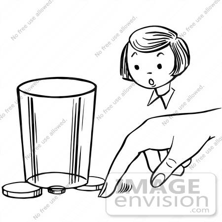 #61895 Clipart Of A Girl Watching A Boy Perform A Moving Coin Magic Trick, In Black And White - Royalty Free Vector Illustration by JVPD