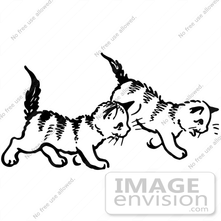 #61909 Clipart Of Two Kittens Walking In Black And White - Royalty Free Vector Illustration by JVPD