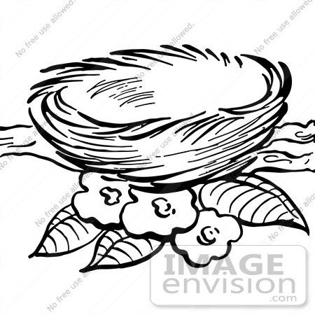 #61915 Clipart Of A Bird Nest And Blossoms On A Branch In Black And White - Royalty Free Vector Illustration by JVPD