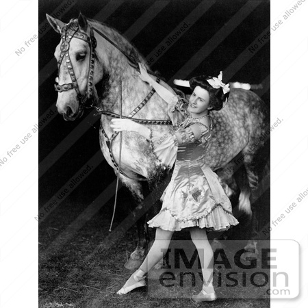 #7413 Stock Photo of a Female Bareback Horse Rider Next to a Horse in Black and White, 1908 by JVPD
