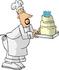 #18910 Male Chef Carrying a Three Tiered Vanilla Birthday Cake With Candles on Top Clipart by DJArt