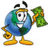 #24047 Clip Art Graphic of a World Globe Cartoon Character Holding a Dollar Bill by toons4biz