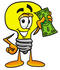 #24356 Clip Art Graphic of a Yellow Electric Lightbulb Cartoon Character Holding a Dollar Bill by toons4biz