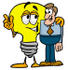 #24403 Clip Art Graphic of a Yellow Electric Lightbulb Cartoon Character Talking to a Business Man by toons4biz