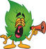 #24514 Clip Art Graphic of a Green Tree Leaf Cartoon Character Screaming Into a Megaphone by toons4biz