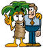 #25050 Clip Art Graphic of a Tropical Palm Tree Cartoon Character Talking to a Business Man by toons4biz