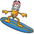 #26004 Clip Art Graphic of a Yellow Number 2 Pencil With an Eraser Cartoon Character Surfing on a Blue and Yellow Surfboard by toons4biz