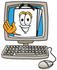#26130 Clip Art Graphic of a White Copy and Print Paper Cartoon Character Waving From Inside a Computer Screen by toons4biz
