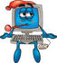 #26231 Clip Art Graphic of a Sick Desktop Computer Cartoon Character With a Virus, Sitting With a Pack on His Head and a Thermometer in His Mouth by toons4biz