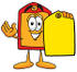 #26423 Clip Art Graphic of a Red and Yellow Sales Price Tag Cartoon Character Holding a Yellow Sales Price Tag by toons4biz