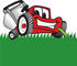 #27398 Clip Art Graphic of a Red Lawn Mower Mascot Character Facing Front and Eating a Blade of Grass While Mowing a Lawn by toons4biz