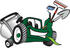 #27447 Clip Art Graphic of a Green Lawn Mower Mascot Character Facing Front, Chewing on Grass and Holding Gardening Tools by toons4biz