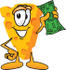 #27607 Clip Art Graphic of a Swiss Cheese Wedge Mascot Character Holding a Green Dollar Bill by toons4biz