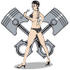 #29142 Royalty-free Cartoon Clip Art of a Sexy Brunette Woman In A Black And White Polka Dot Bikini And High Heels, Holding A Wrench And Looking Back While Standing In Front Of A Piston by Andy Nortnik