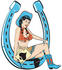 #29600 Royalty-free Cartoon Clip Art of a Sexy Brunette Cowgirl In A Halter Top And Mini Skirt, Sitting In A Horseshoe And Holding Playing Cards by Andy Nortnik