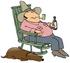 #29931 Clip Art Graphic of a Tired Cowboy Smoking A Pipe And Drinking A Beer While Sitting In A Rocking Chair With His Tired Old Hound Dog Sleeping With One Eye Open Beside Him by DJArt